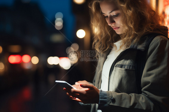 夜晚街头正在看手机的年轻女性图片