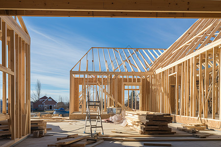 木质结构房屋施工现场背景图片