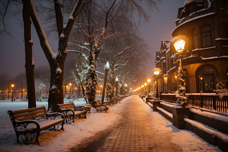 城市小巷下雪中的街道背景