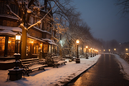 城市小巷下完雪的街道背景