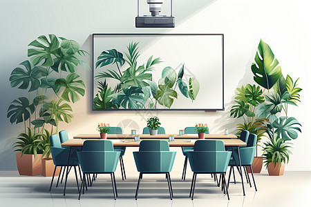 绿植装饰的会议室背景图片