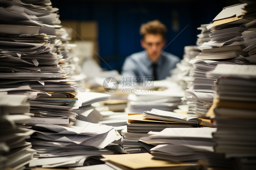 男人坐着堆满文件的办公桌后图片