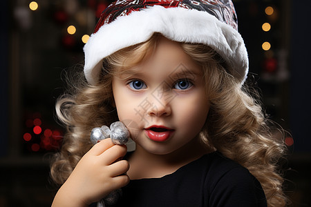 圣诞树前的小女孩图片
