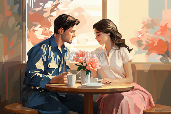 咖啡厅中的浪漫情侣图片