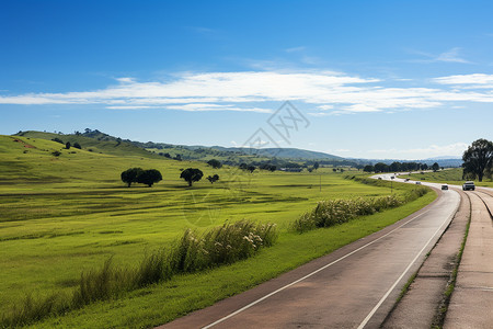 一条公路穿过绿草地背景