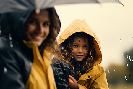 雨中撑伞的母子图片
