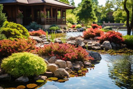 带池塘花园的别墅背景图片