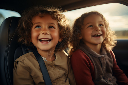汽车后座开心的孩子图片
