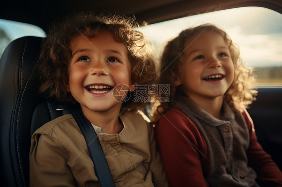 汽车后座开心的孩子图片