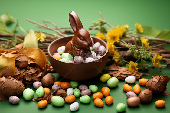 餐桌上的兔子巧克力糖果图片