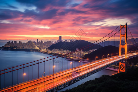 黄昏时城市的建筑桥梁景观图片