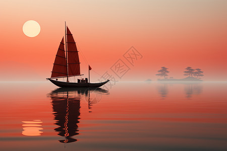 日落时湖泊中的帆船图片