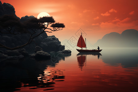湖面上的小船和渔夫图片