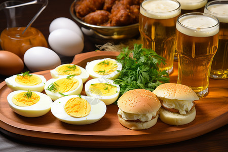 餐盘中的鸡蛋汉堡和啤酒图片