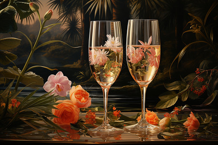 餐桌上摆放的花卉和香槟图片