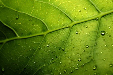 雨后有水滴的绿叶脉图片