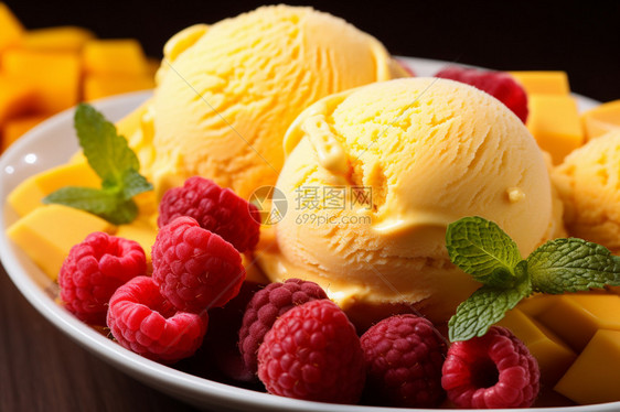 餐盘中的水果味冰淇淋图片