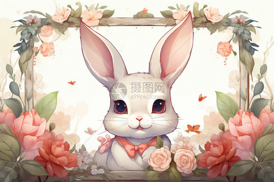 花丛相框中的卡通兔子图片