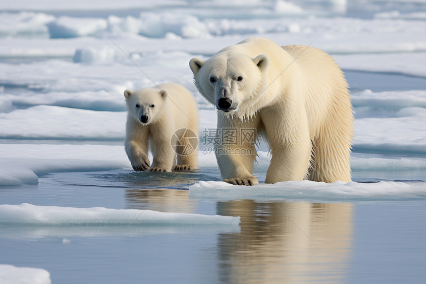 北极冰川中的北极熊母子图片