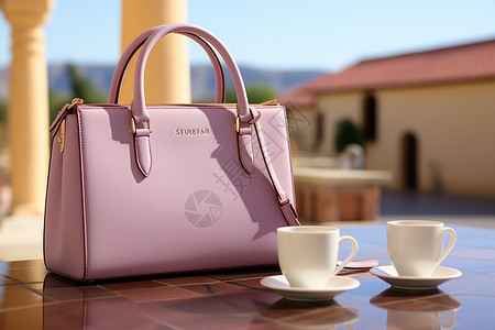 咖啡桌上的女士粉色手提包图片