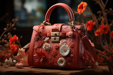红色花朵装饰的手提包背景图片