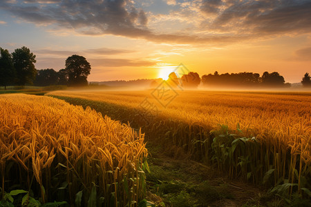 秋季金黄色的麦田图片