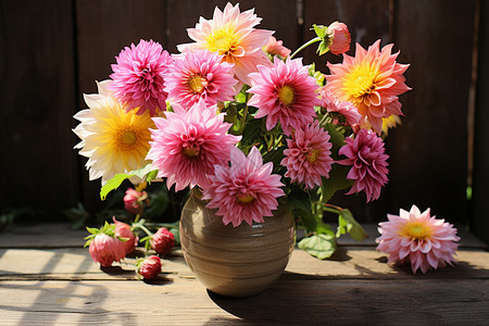 阳光下美丽的鲜花花瓶图片