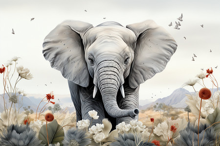 花海中的大象绘画插图高清图片