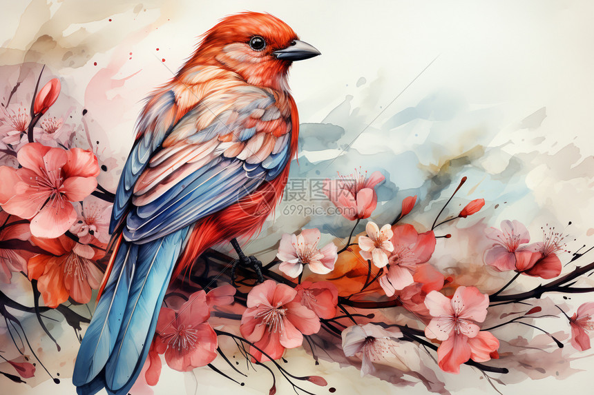 鸟语花香的彩色插画图片