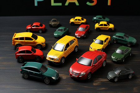 汽车厂商木桌上的玩具汽车背景