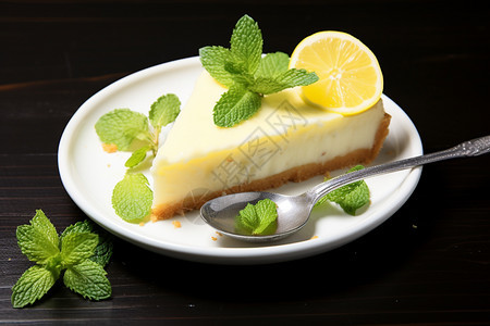 餐盘中的柠檬芝士蛋糕图片