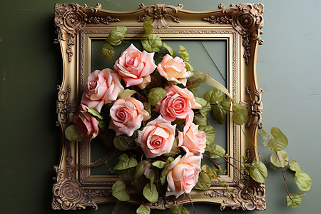 粉色玫瑰与绿墙上的镜子背景图片