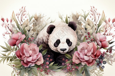 粉色花丛中的熊猫图片