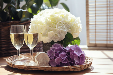 美丽的酒杯和鲜花图片