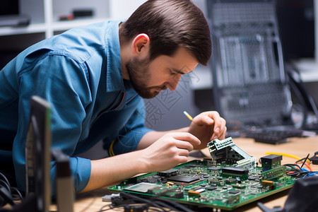 电脑维修工人在修理一块电脑主板图片