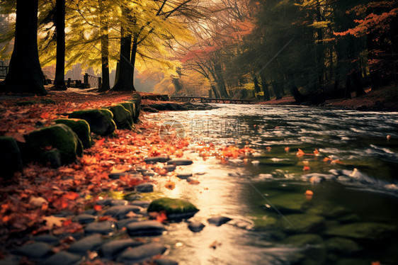 秋天小溪中的落叶图片