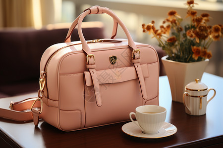 手提袋包装设计粉色皮包背景