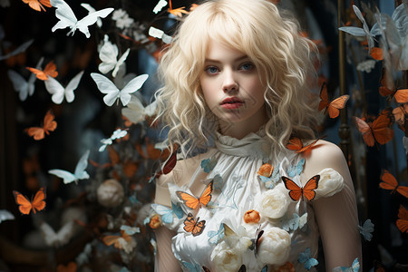 蝴蝶簇绕的少女背景图片