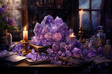 紫色水晶和蜡烛图片