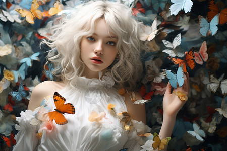 白发少女与蝴蝶共舞图片