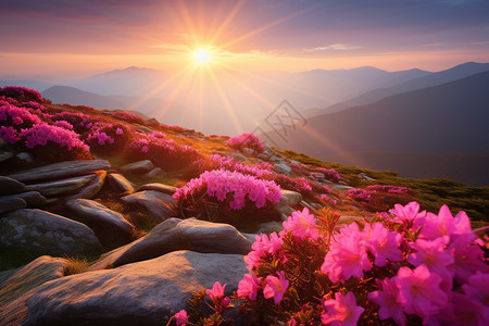 山顶上绽放的粉色花朵图片