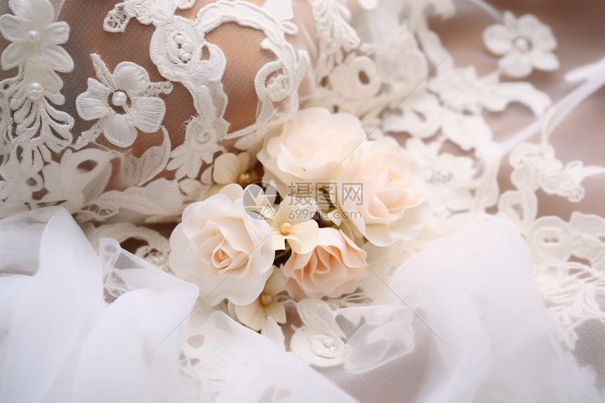 精美刺绣婚纱上的花朵图片