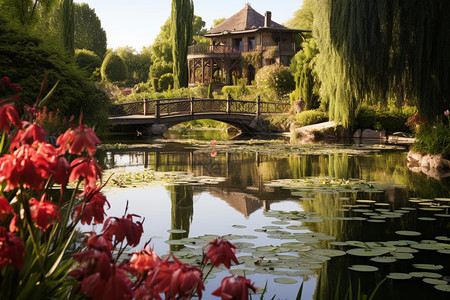 古典公园中宁静的池塘图片