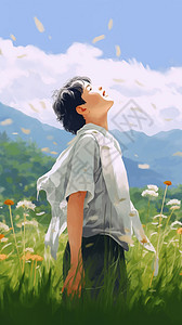 夏季田野中开心的少年图片