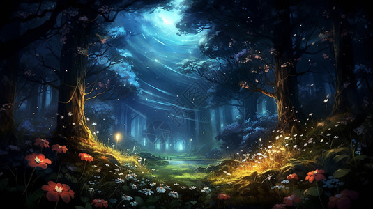 夜晚梦幻的丛林景观背景图片