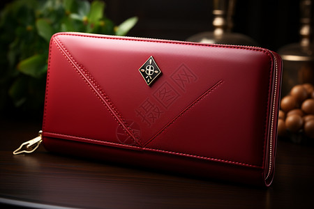 桌子上的红色钱包背景图片