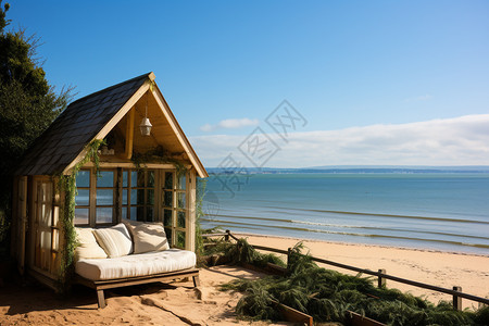 海滩上睡觉的小屋图片