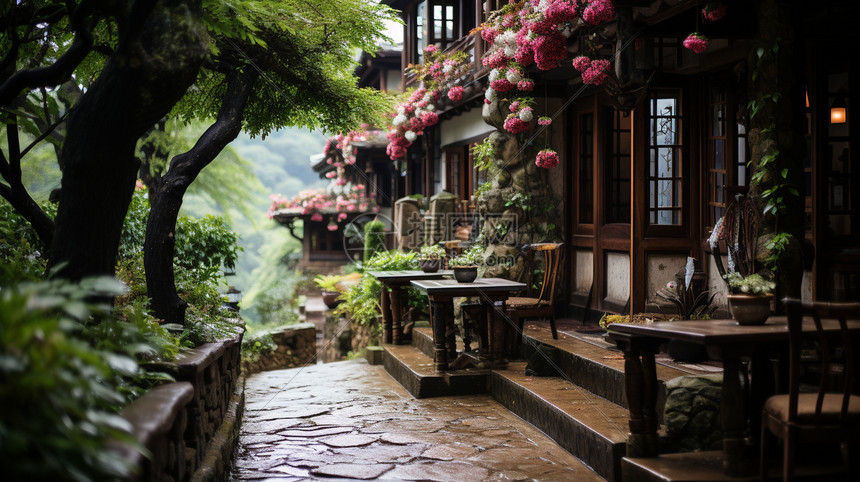 夏季雨后深山中的庭院图片