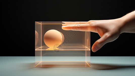 触摸透明盒里小球的手图片