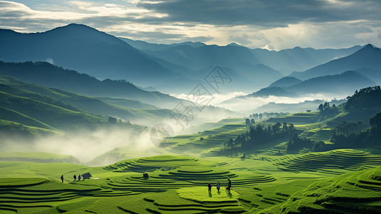 山脉中的农业种植梯田景观图片